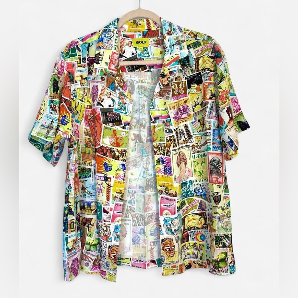 New GOLF WANG Stamps rayon button up men's shirt size Sm